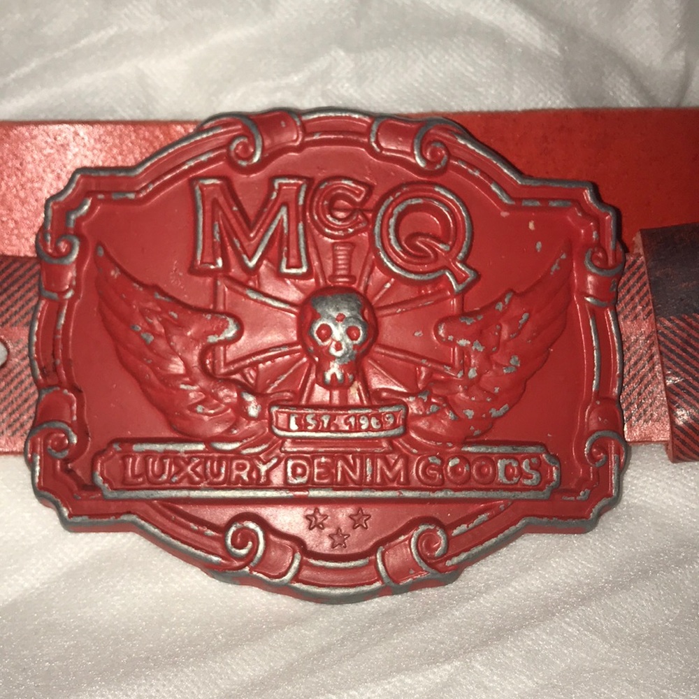 McQueen plaid stamped red leather belt